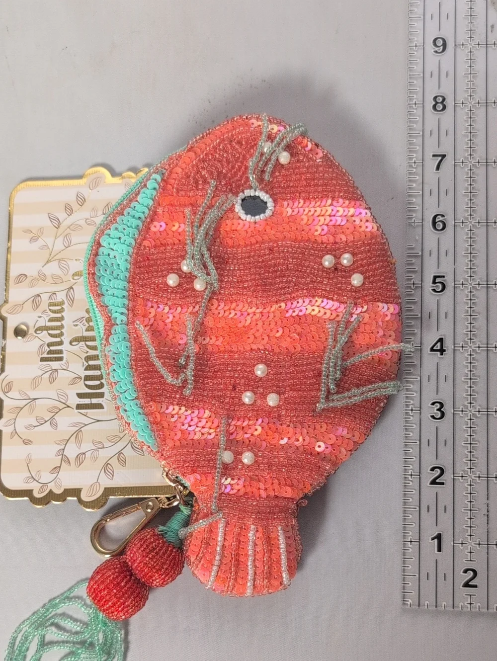 Handmade in India Hand Beaded Fish Zip Coin Purse